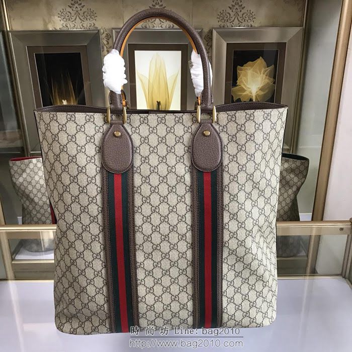 GUCCI 古馳男包 新款 473870 GG Supreme高級人造帆布 黑色紅色織帶裝飾 購物袋